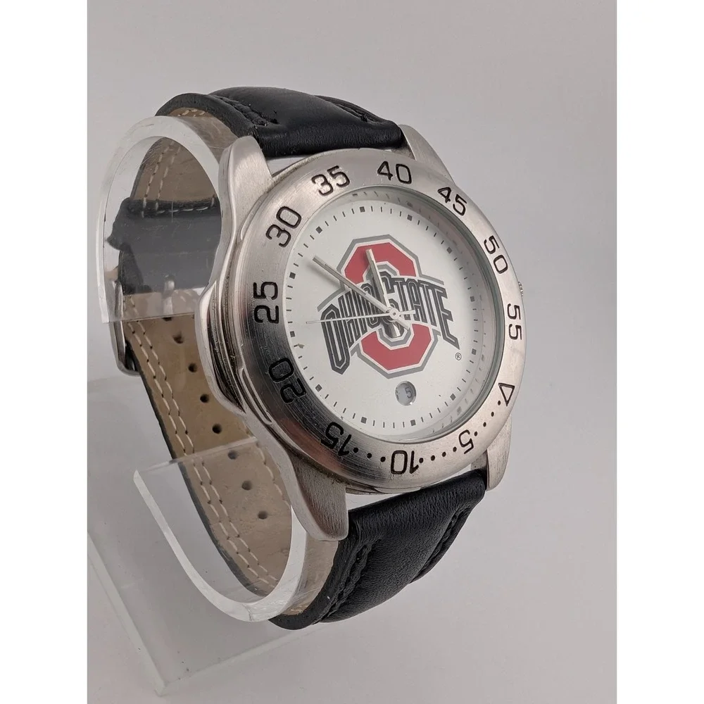 Ohio State Buckeyes Sun Time Men's Watch Black Leather Band- New Battery